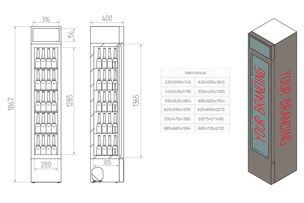 Cotação de preço, desenhos de projeto e renderizações para refrigeradores (refrigeradores) e freezers feitos sob medida