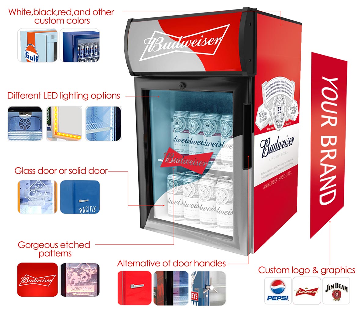 Možnosti – Značkové mini a samostatne stojace chladničky na mieru na propagáciu piva Budweiser