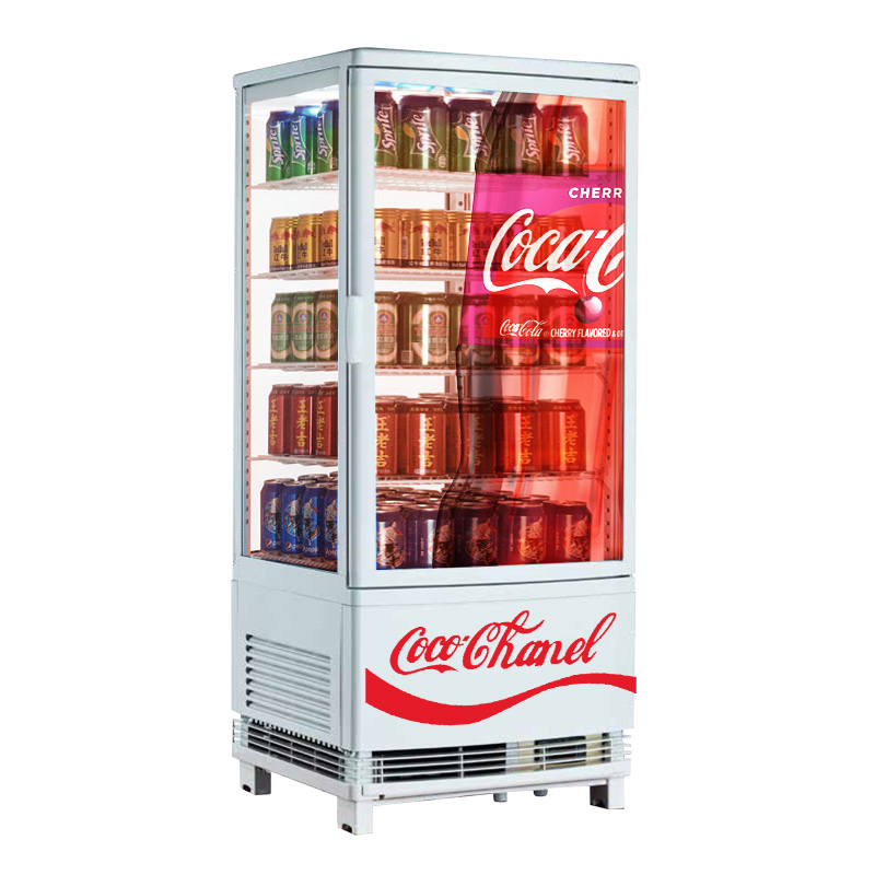 Countertop See-Through 4 Sided Glass Beverage And Snack Display Cooler With Curved Door