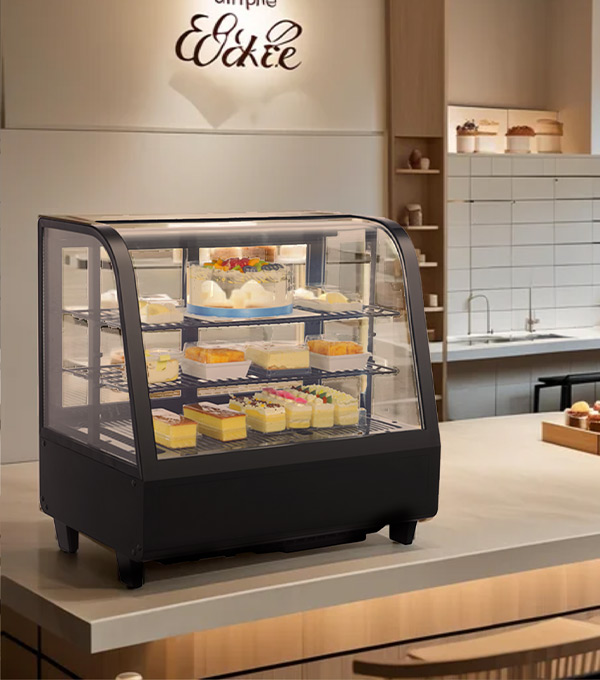 What are the characteristics of the tabletop glass cake cabinet?