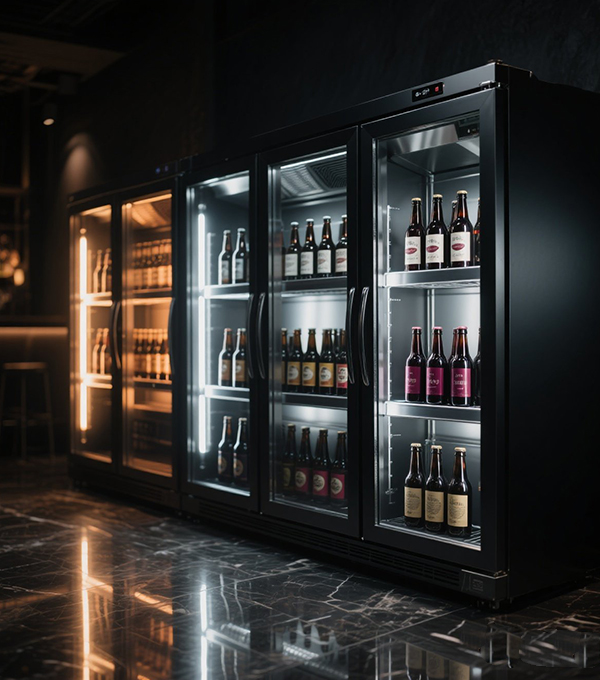 The glass – door upright cabinets feature a simple design