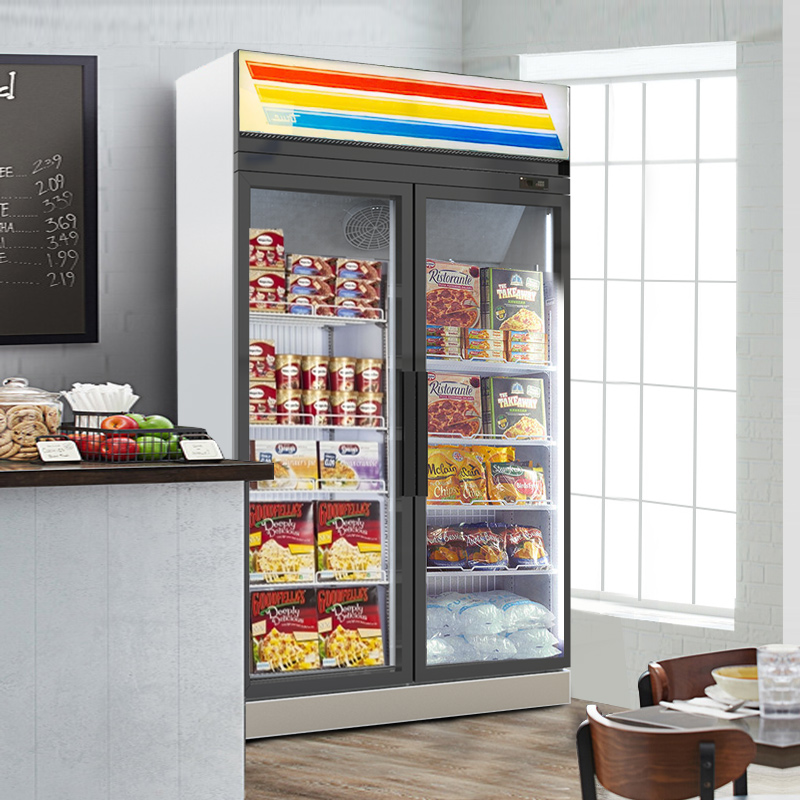 Bodenfreistehender Merchandising-Kühlschrank mit Doppeltür aus Glas