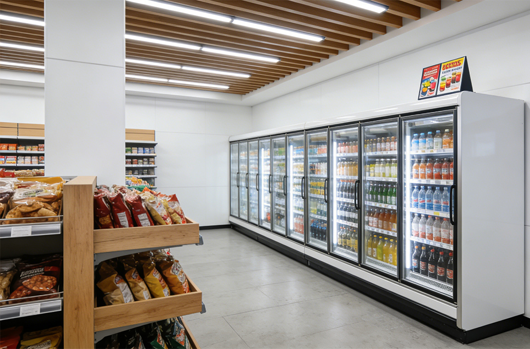 Multiple beverage coolers in the supermarket