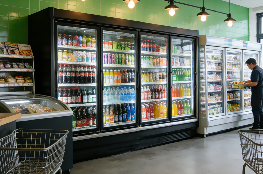 Beverage display cabinet in a small supermarket