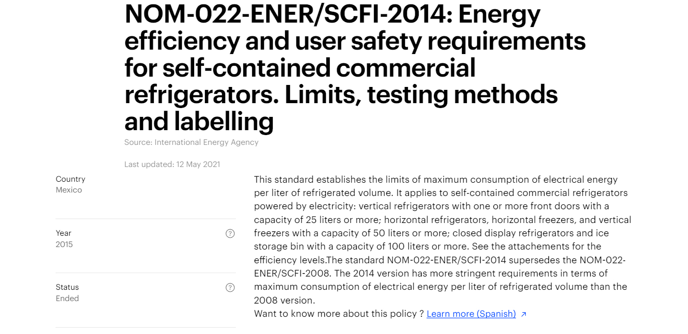 Mexico's policy on power energy efficiency standards description from International Energy Agency