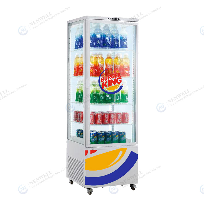 Upright Pass-Though Drink And Snack Food Display Cooler With 4 Sided Glass