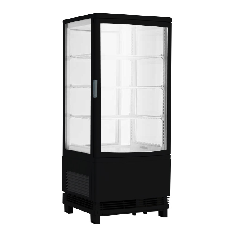 Countertop See-Through 4 Sided Glass Beverage And Snack Display Cooler With Curved Door