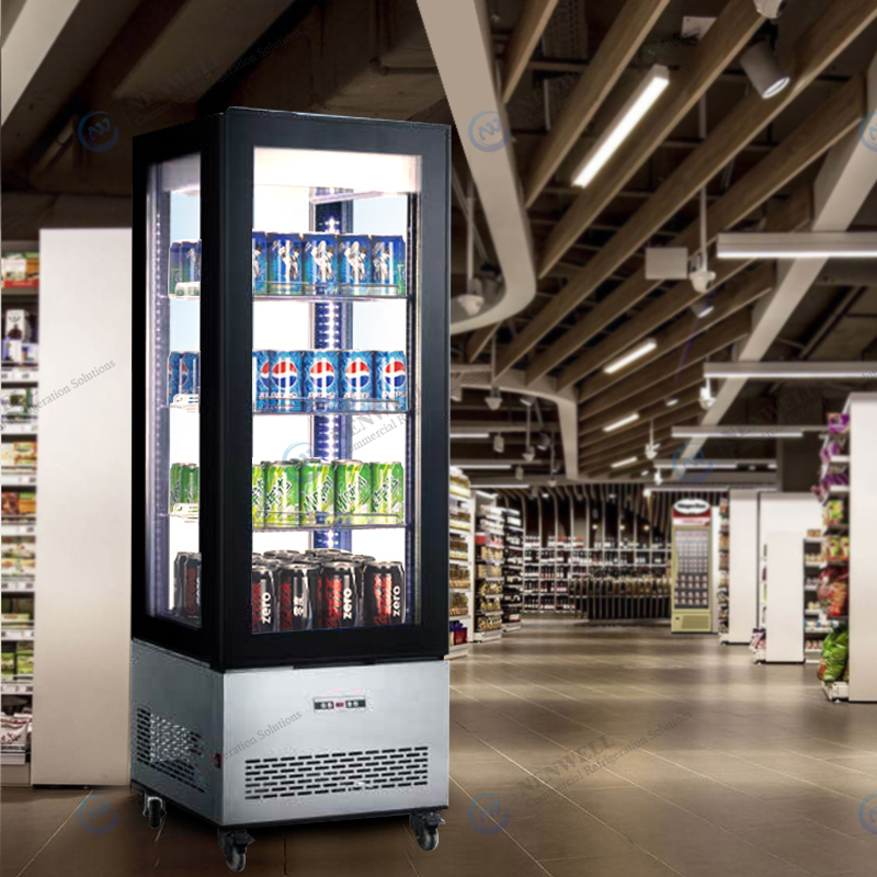 Upright See-Though 4 Sided Glass Beverage And Food Refrigerated Showcase