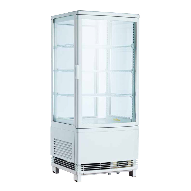 Countertop See-Through 4 Sided Glass Beverage And Snack Display Cooler With Curved Door