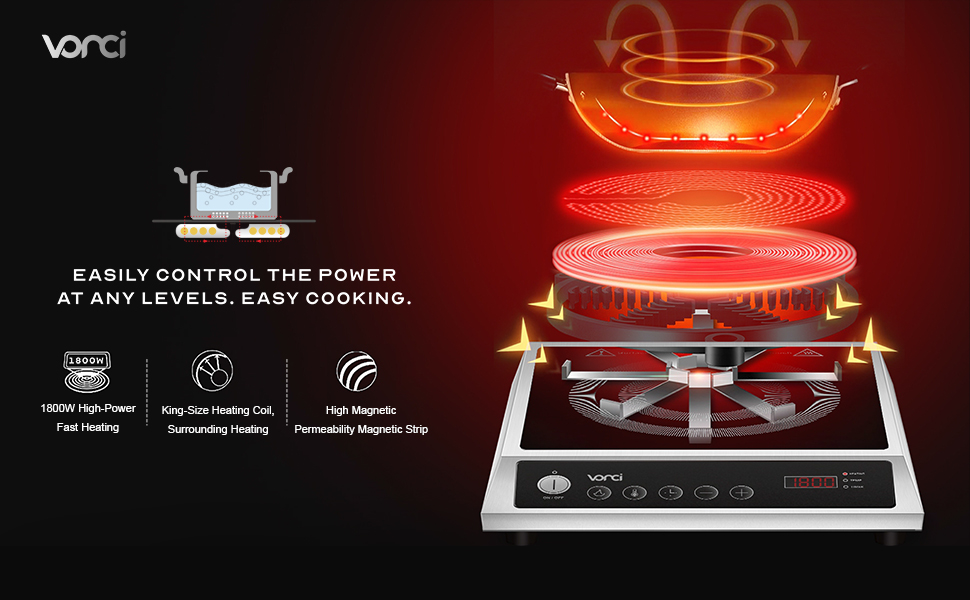 VONCI 1800W/120V Commercial Induction Cooktop, Countertop Burner ប្រើប្រាស់បានយូរជាមួយនឹងផ្ទះធ្វើពីដែកអ៊ីណុក, ចង្ក្រានអគ្គីសនីដែលមានជំនាញវិជ្ជាជីវៈជាមួយនឹងអេក្រង់ LED ធំ និងការគ្រប់គ្រងប៊ូតុងសម្រាប់ភោជនីយដ្ឋាន ឬសណ្ឋាគារ។
