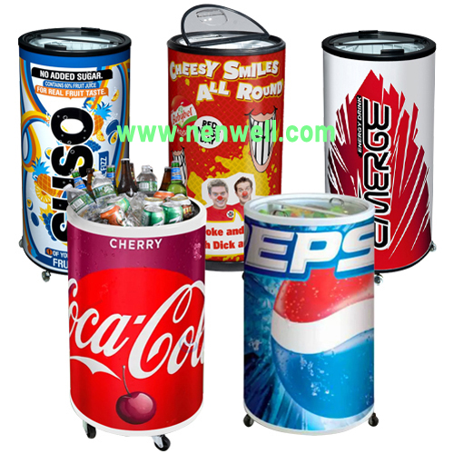 Inuman Bir sareng Inuman Tiis Refrigerated Round Rolling Can Cooler on Wheels