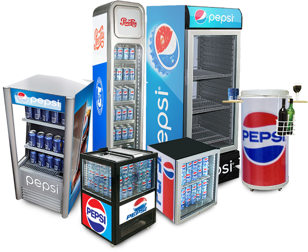 Frigoriferi e frigoriferi per display verticale e mini di marca Cusom per a promozione di Pepsi Cola