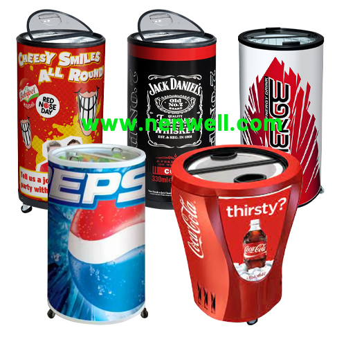 Factory Wholesale Wheeled Electrical Barrel Round Party Can Cooler Fridge