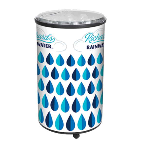 Free Standing Sprite Soda na-aṅụ ihe ọṅụṅụ kwụ ọtọ Cylinder Rolling Barrel Cooler with Wheel