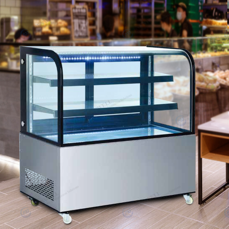 Fan Cooling Tempered Glass Cake Display Showcase With Curved Front Glass