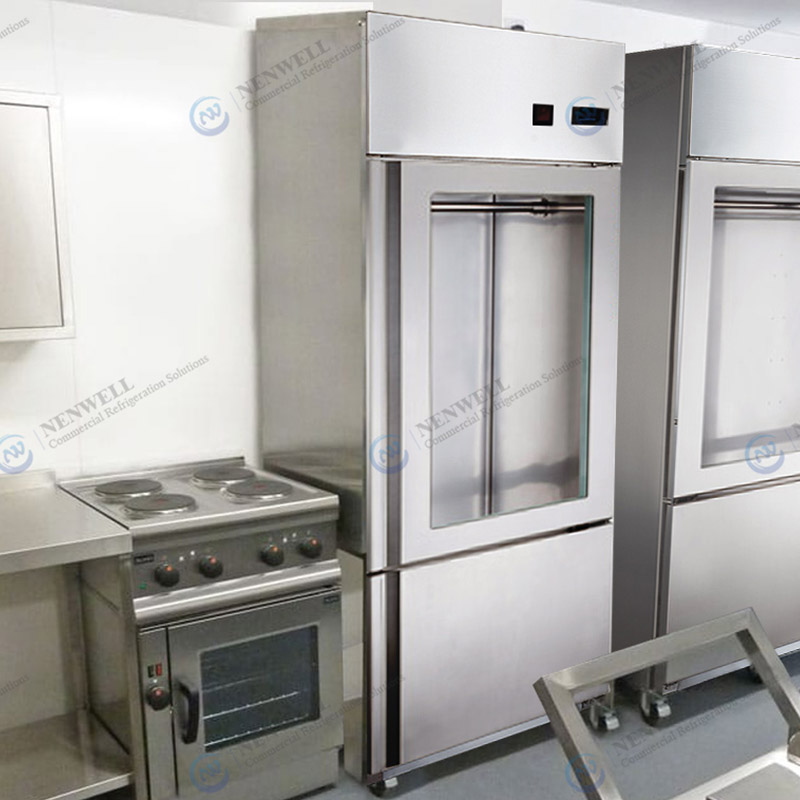 Скляні дверцята-розпашні 2-секційні комерційні холодильні та морозильні камери з нержавіючої сталі.