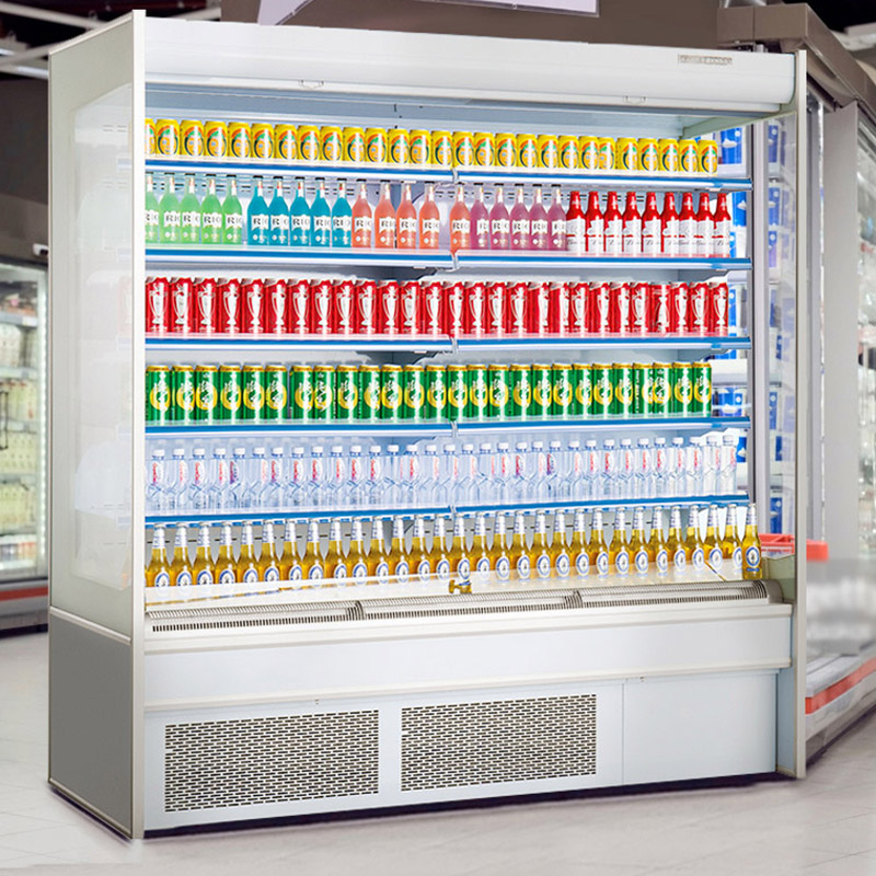 Plug-In-Multideck Malferma Aera Kurteno Trinkaĵo Merchandiser Fridujo Por Superbazaro Ekrano