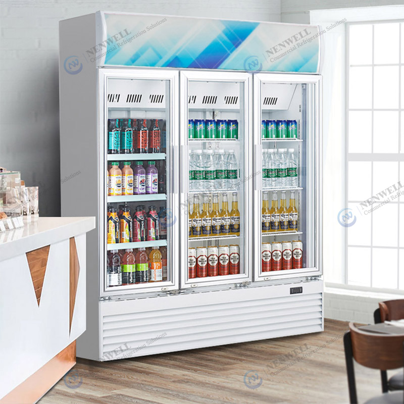 Commercial Upright Triple Glass Door Drinks Display Fridge With Fan Cooling System