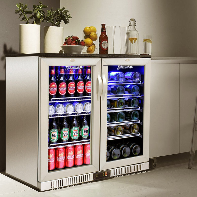 Kompakten hladilnik za zalogo pijač iz nerjavečega jekla z dvojnimi steklenimi vrati