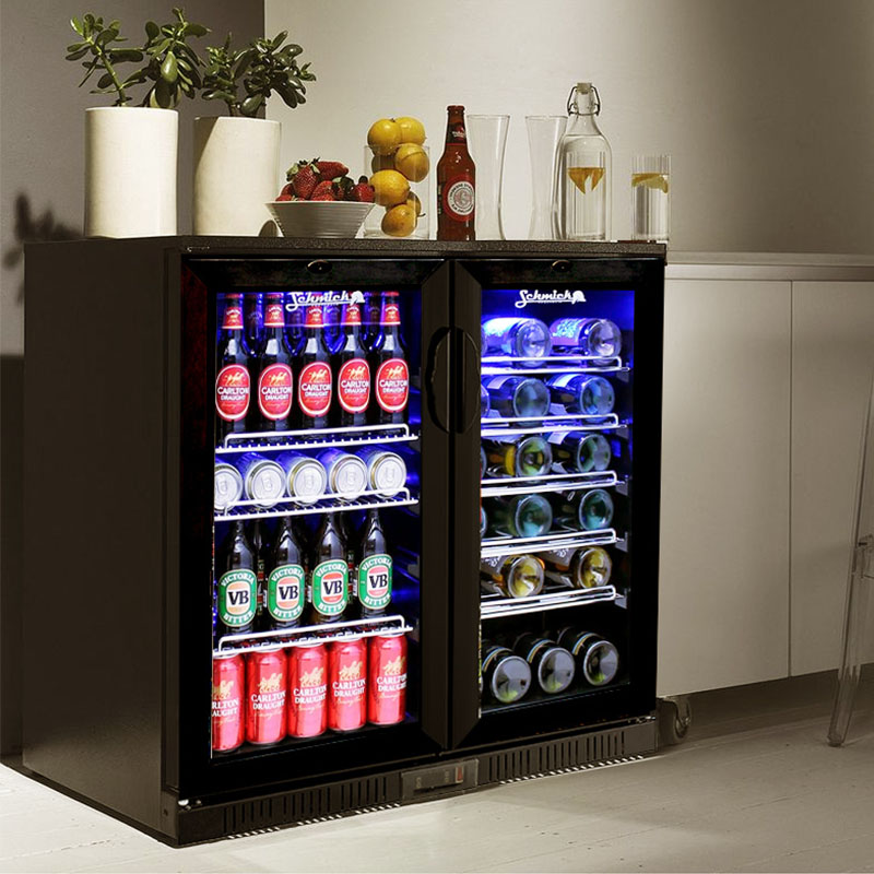 Хладилник с вентилатор за охлаждане на плота, 2 секции, стъклена врата, заден бар, охладител