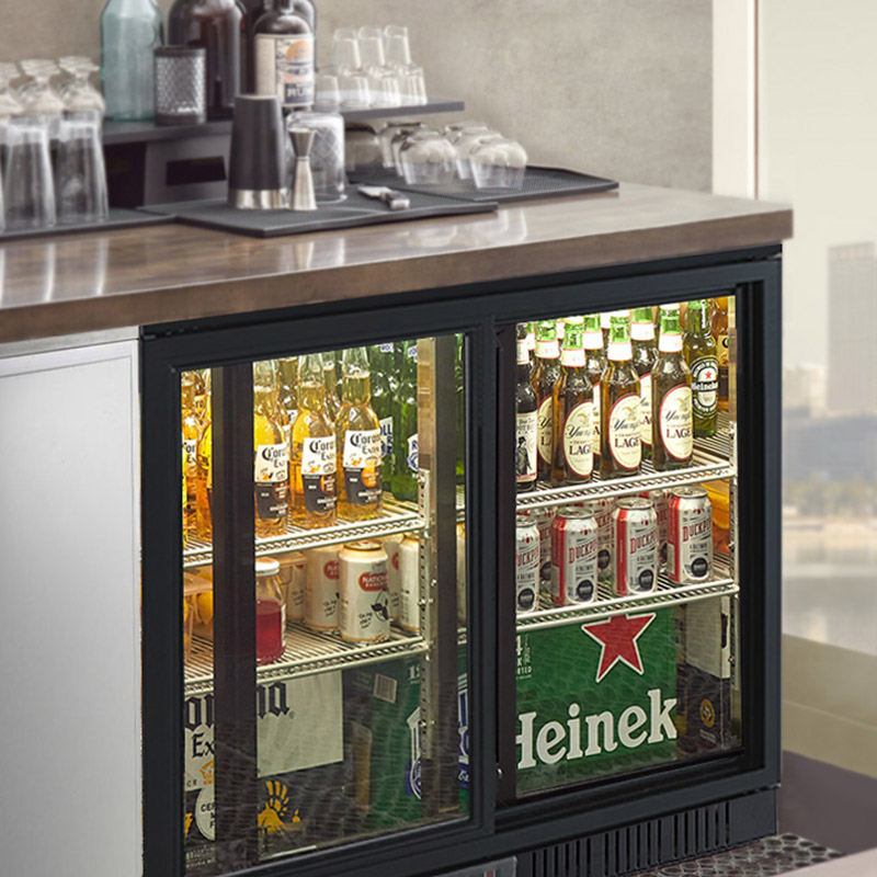 Commercial Double Sliding Glass Door Beverage And Wine Bottle Back Bar Display Cooler Fridge