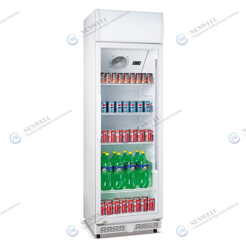 Refrigerador de bebidas vertical comercial com porta única de vidro e sistema de resfriamento por ventilador