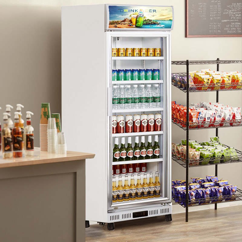 Refrigerador de bebidas com porta de vidro simples comercial vertical com sistema de refrigeração por ventilador