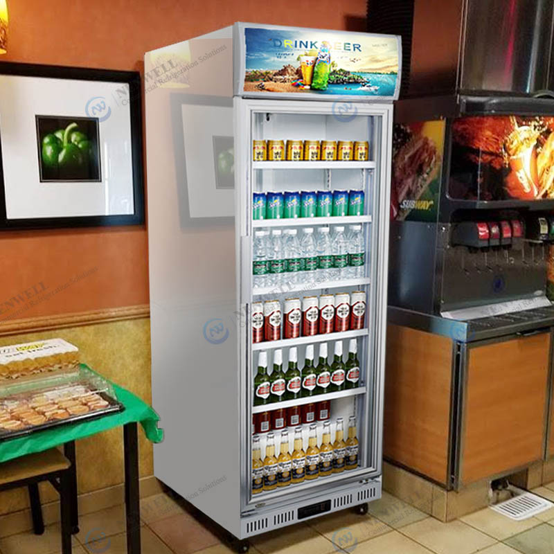 Commercial Upright Single Glass Door Beverage Display Cooler Refrigerator With Fan Cooling System