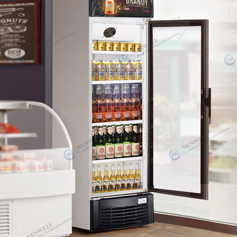 Upright Single Glass Door Drinks Display Fridge With Fan Cooling System