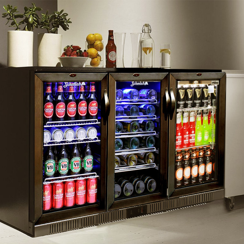 Under Counter Black 3 Glass Door Beverage & Beer Drinks Bottle Display Back Bar Cooler Fridge