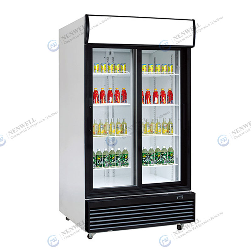 Търговски изправен хладилник с 2 плъзгащи се стъклени врати и дисплей с вентилаторна система за охлаждане