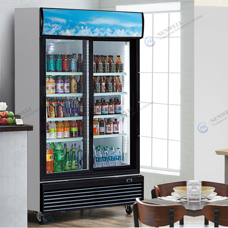 Commercial Upright 2 Sliding Glass Door Display Refrigerator With Fan Cooling System