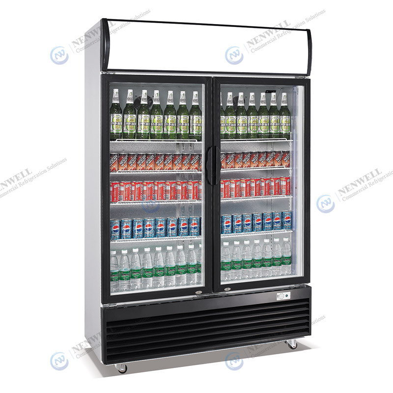 Commercial Upright Double Swing Glass Door Display Fridge With Direct Cooling System