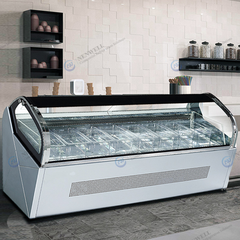 Komersial Kaca mlengkung Counter Top jero Frozen Storage Es Krim Tampilan Freezers lan Kulkas