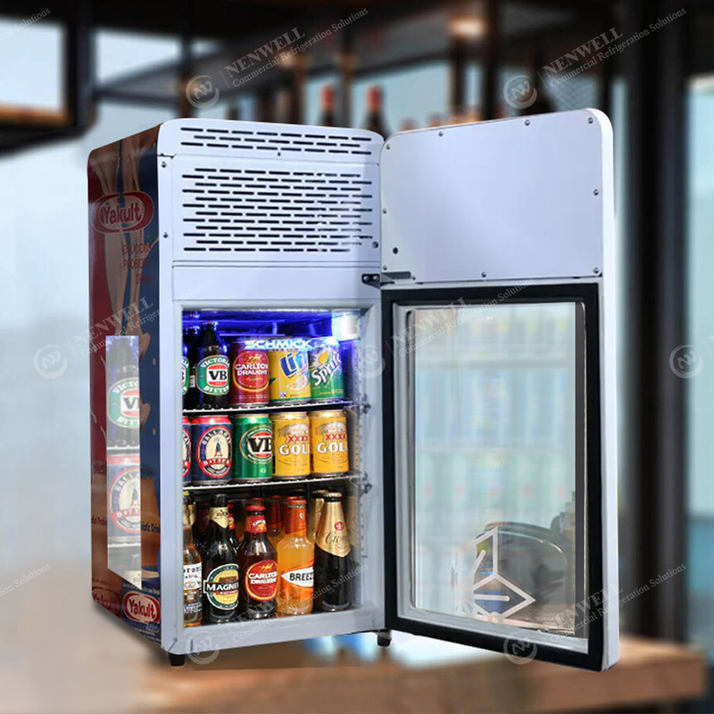 Refrigeração de exibição de bancada de vidro frontal e lateral de mini bebidas comerciais