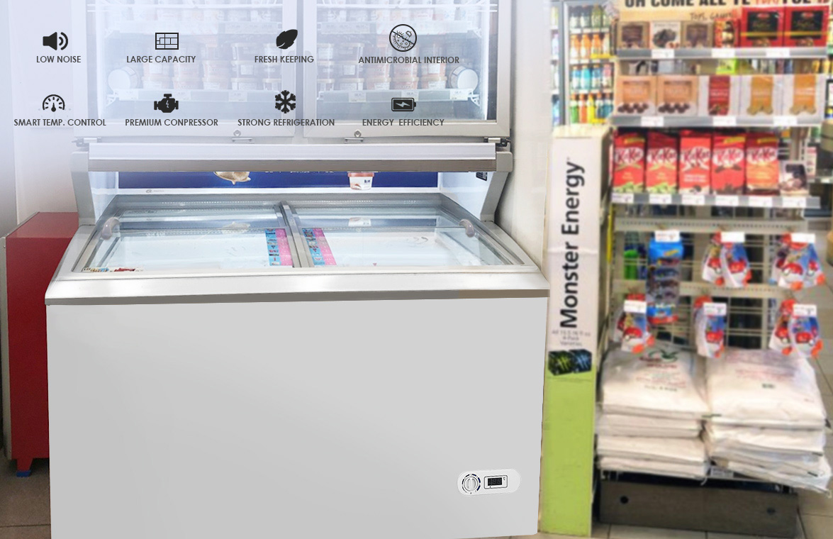 NW-WD150 200 300 400 Commercial Display Chest Freezers With Flat Top Sliding Glass Door | factory and manufacturers
