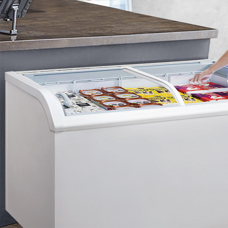 NW-WD500Y 700Y Premium Commercial Chest Freezer With Curved Top Sliding Glass Doors In White