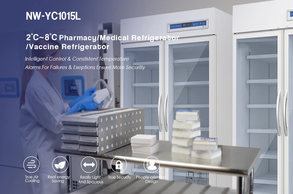 NW-YC1015L Upright Double Door Medical And Pharmaceutical Grade Fridge Price For Sale | factory and manufacturers
