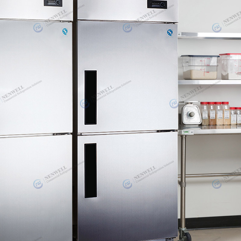 Geladeira de aço inoxidável dupla temperatura 2 portas sólidas e freezer para armazenamento de cozinha