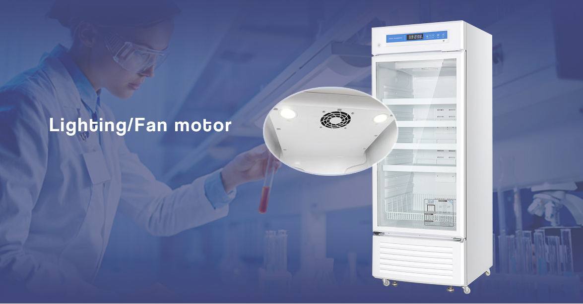 upright medical refrigeration with LED lighting and fan cooling system