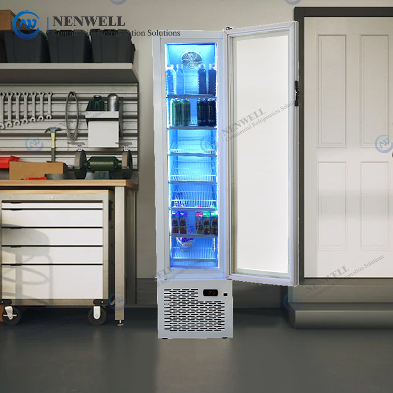 Azụmahịa kwụ ọtọ otu iko ọnụ ụzọ ihe ọ drinkụ drinkụ mmanya na-egosiputa igwe nju oyi Slim refrigerator nke ejiri akwa akwa mee