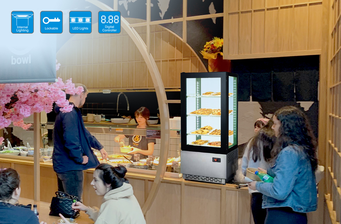 Countertop See-Through Beverage And Food Refrigerated Showcase With 4 Sided Glass