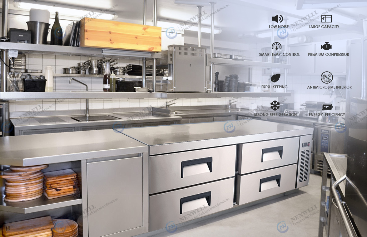 NW-CB72 Kitchen Chef Base Worktop Undercounter Small Fridge And Freezer With 4 Pull Out Drawers Price For Sale | factory and manufacturers
