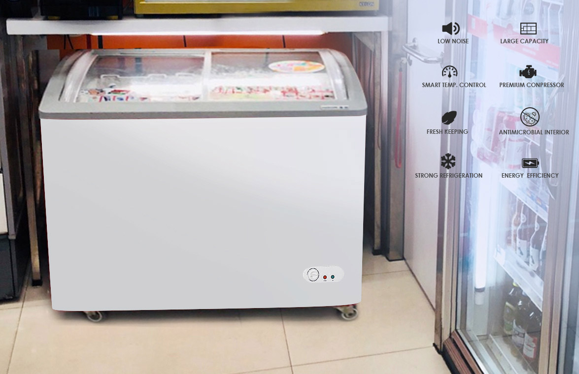 NW-WD330Y 290Y 250Y Premium Chest Tampilan Kulkas Lan Freezer Kanthi Ndhuwur Mlengkung Sliding Pintu Kaca |pabrik lan manufaktur
